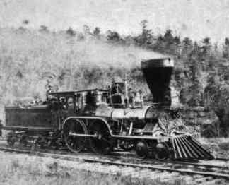 A locomotive similar to those used on the Transcontinental railroad.